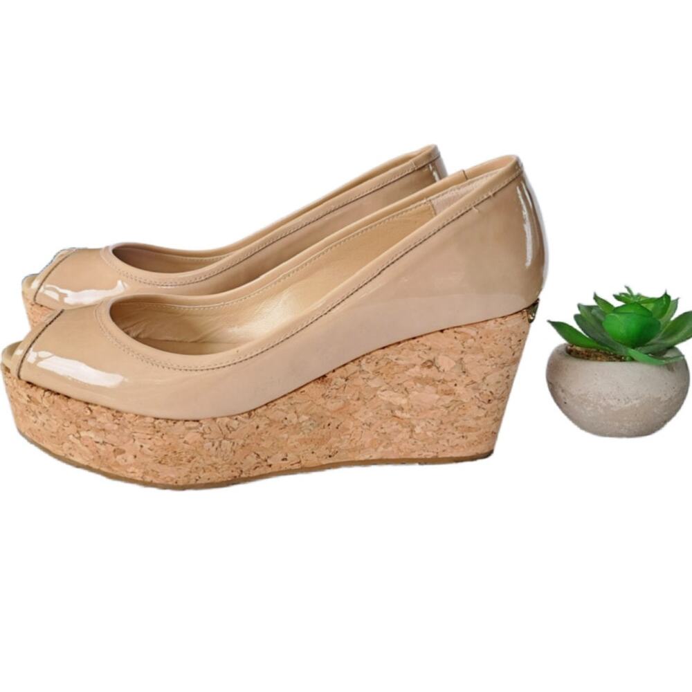 Jimmy Choo Parley Nude Patent Cork Wedge Peep Toe Heels Size 38
